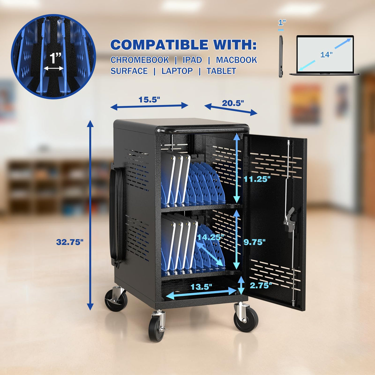 Fully Assembled 20 Devices Laptop Charging Cart - Tablet Storage Cart for Chromebook iPad, Mobile Laptop Charging Station for Classroom Office - Includes Cable Management & Detachable Door, Black