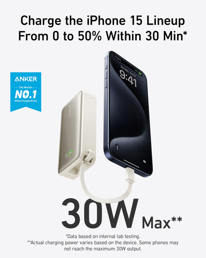 Anker Nano Power Bank, 10,000mAh Portable Charger with Built-in USB-C Cable, 30W Recharging, 30W Max Output with USB-C&A, for iPhone 17/16/15 Series, MacBook, Galaxy, AirPods, and More