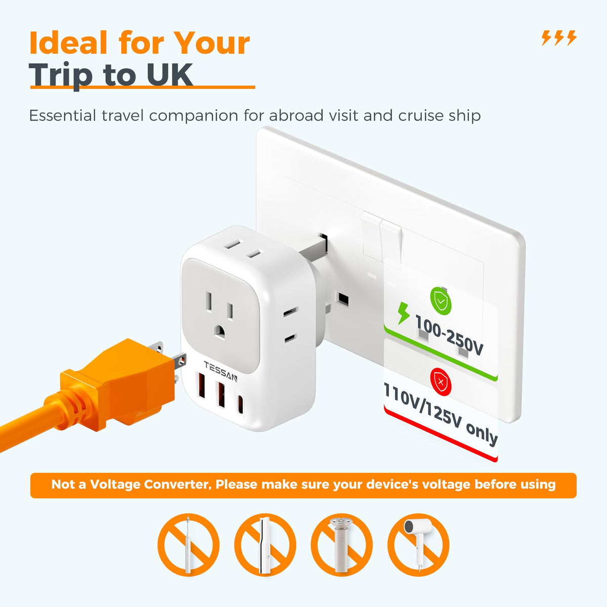 2 Pack European Plug Adapter USB C, TESSAN US to Europe Adapter 4 Outlets 3 USB Charger, Type C International Power Adaptor to Italy Spain France Portugal Iceland Germany, Europe Travel Essentials