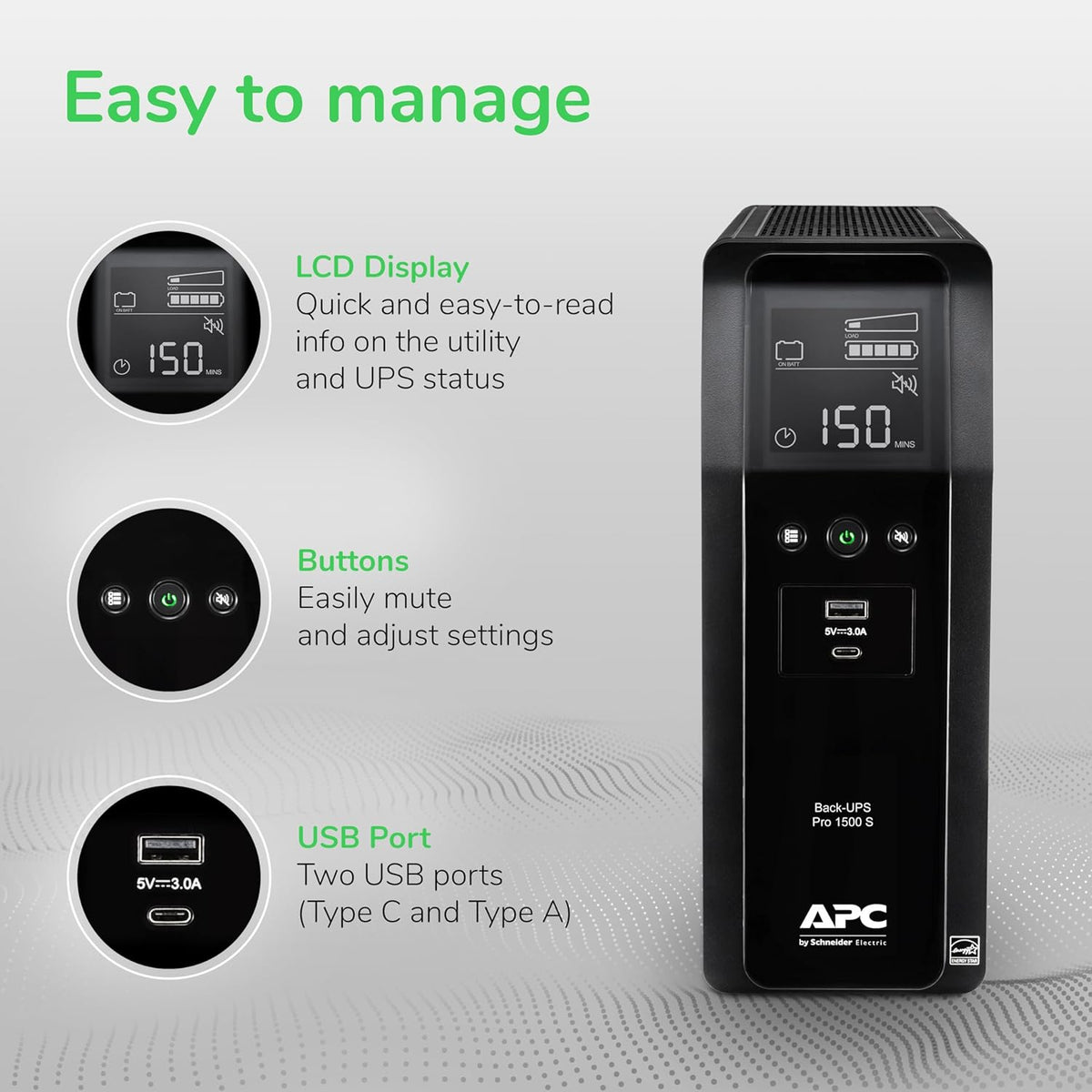 APC Back-UPS Pro Sinewave UPS, 1500VA/900W UPS Battery Backup & Surge Protector, AVR, 10 Outlets, LCD, USB-C Charging, UL Certified, BR1500MS2 Uninterruptible Power Supply for Computers, Electronics