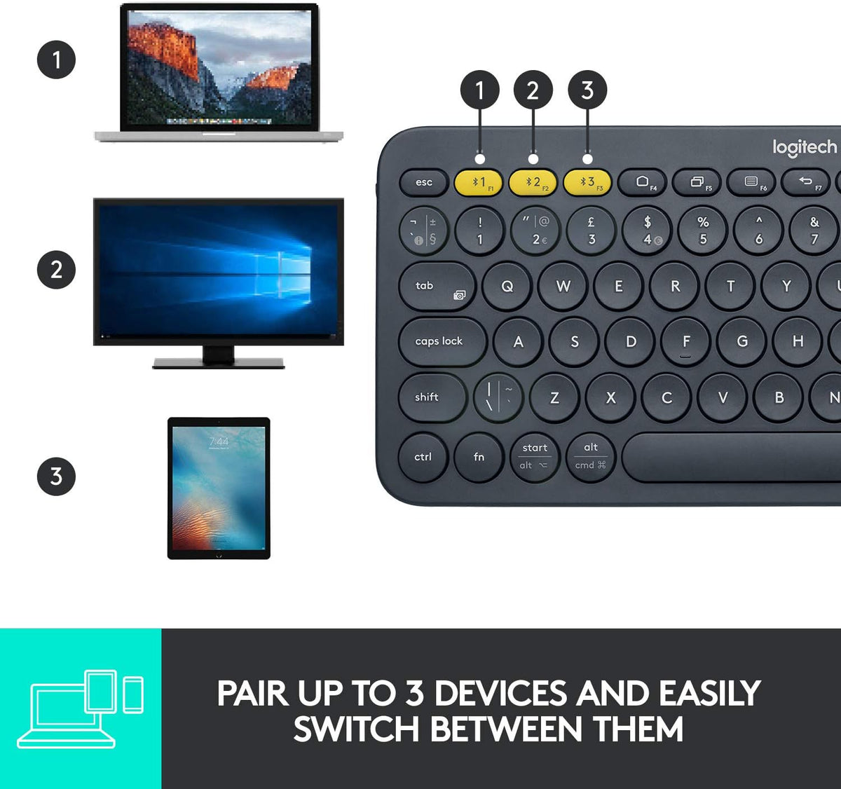 Logitech 920-007558 K380 Multi-Device Bluetooth Keyboard – with FLOW Cross-Computer Control and Easy-Switch up to 3 Devices – Dark Grey