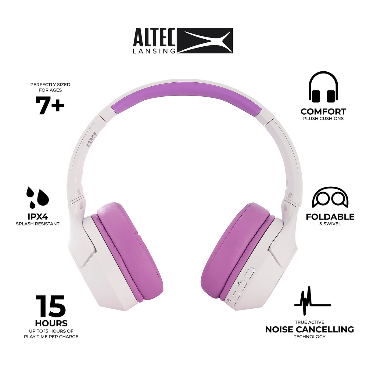 Altec Lansing Kid Safe Noise Cancelling Wireless Headphones 15H Battery, 85dB Volume Limit, Foldable Design Powerful Sound, Active Noise Cancellation Perfect for Kids Ages 7+ (Whiteout Pop Pink)