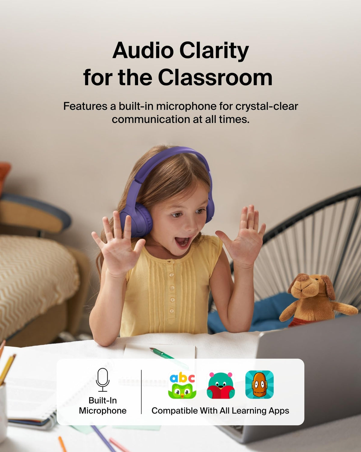 Belkin SoundForm Mini - Wireless Bluetooth Kids Headphones, 30H Battery, 85dB Safe Volume Limit, Built-in Microphone - Toddler On-Ear Earphones for iPhone, iPad - Ideal for School - Blue w/Case