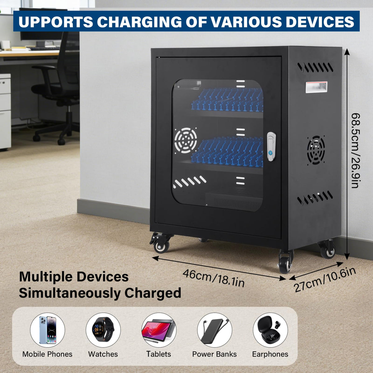 30 Device Mobiles Phone Charging Cart, Mobiles Charging Cabinet for Cell Phone, Rechargeable Cellphone Locker Storage Chargings Station, for Phones/Mini Tablets, School and Enterprise