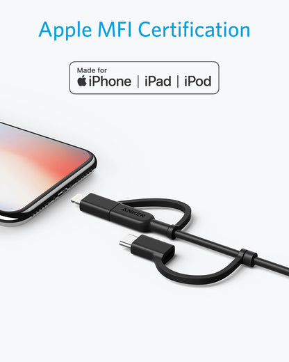 Anker Powerline II 3-in-1 Cable, Lightning/Type C/Micro USB Cable for iPhone, iPad, Huawei, HTC, LG, Samsung Galaxy, Sony Xperia, Android Smartphones, and More(3ft, White)