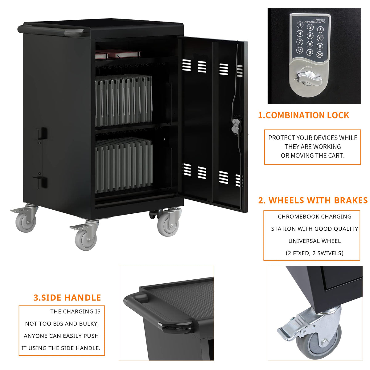 35 Device Mobile Charging Cart, Chromebooks and Laptop Computers, Locking Charging Station with Lock & Key for The Front Back Door, Surge Protection
