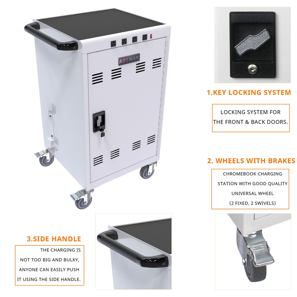 35 Device Mobile Charging Cart, Chromebooks and Laptop Computers, Locking Charging Station with Lock & Key for The Front Back Door, Surge Protection