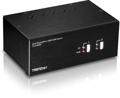 TRENDnet 2-Port 4K Dual Monitor DisplayPort KVM Switch with Audio, TK-240DP, 2560 x 1440 @ 144Hz, 2-Port USB 2.0 Hub, Connect Two Monitors, NDAA + TAA Compliant, Black