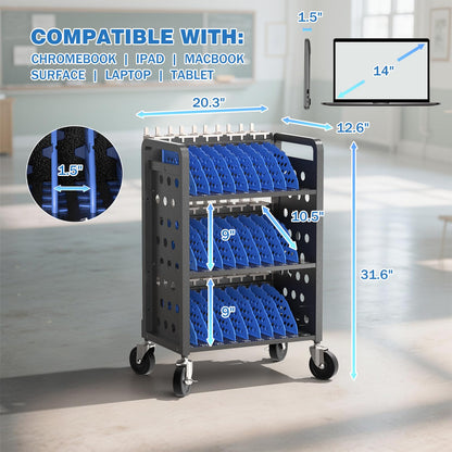 POCHAR 30 Devices Open Laptop Charging Cart for iPads, Tablets - Laptop & Tablet Storage Carts for Classroom, Office - Chromebook Charging Station Cart with Cable Management & Surge Protection