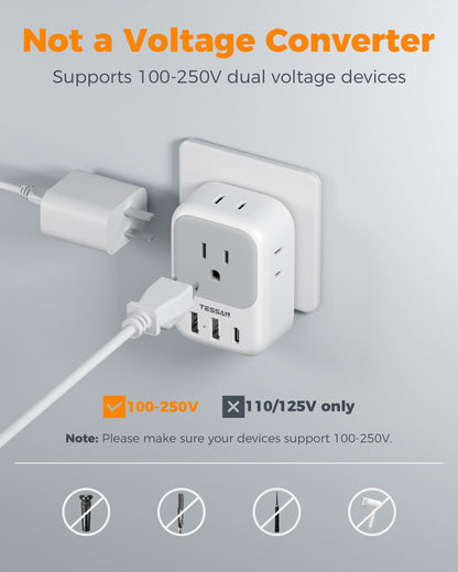 2 Pack European Plug Adapter USB C, TESSAN US to Europe Adapter 4 Outlets 3 USB Charger, Type C International Power Adaptor to Italy Spain France Portugal Iceland Germany, Europe Travel Essentials