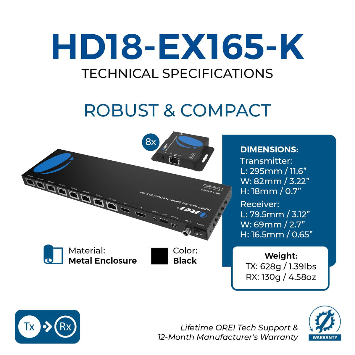 OREI 4K 1x4 HDMI Extender Splitter Over CAT6/7 Ethernet Cable Up to 4K@30Hz upto 165 ft-1080P@60Hz upto 230 ft, IR control, EDID, HDMI Loop Out (HD14-EX165-K)