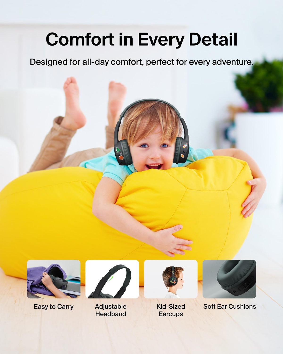 Belkin SoundForm Mini - Wireless Bluetooth Kids Headphones, 30H Battery, 85dB Safe Volume Limit, Built-in Microphone - Toddler On-Ear Earphones for iPhone, iPad - Ideal for School - Blue w/Case