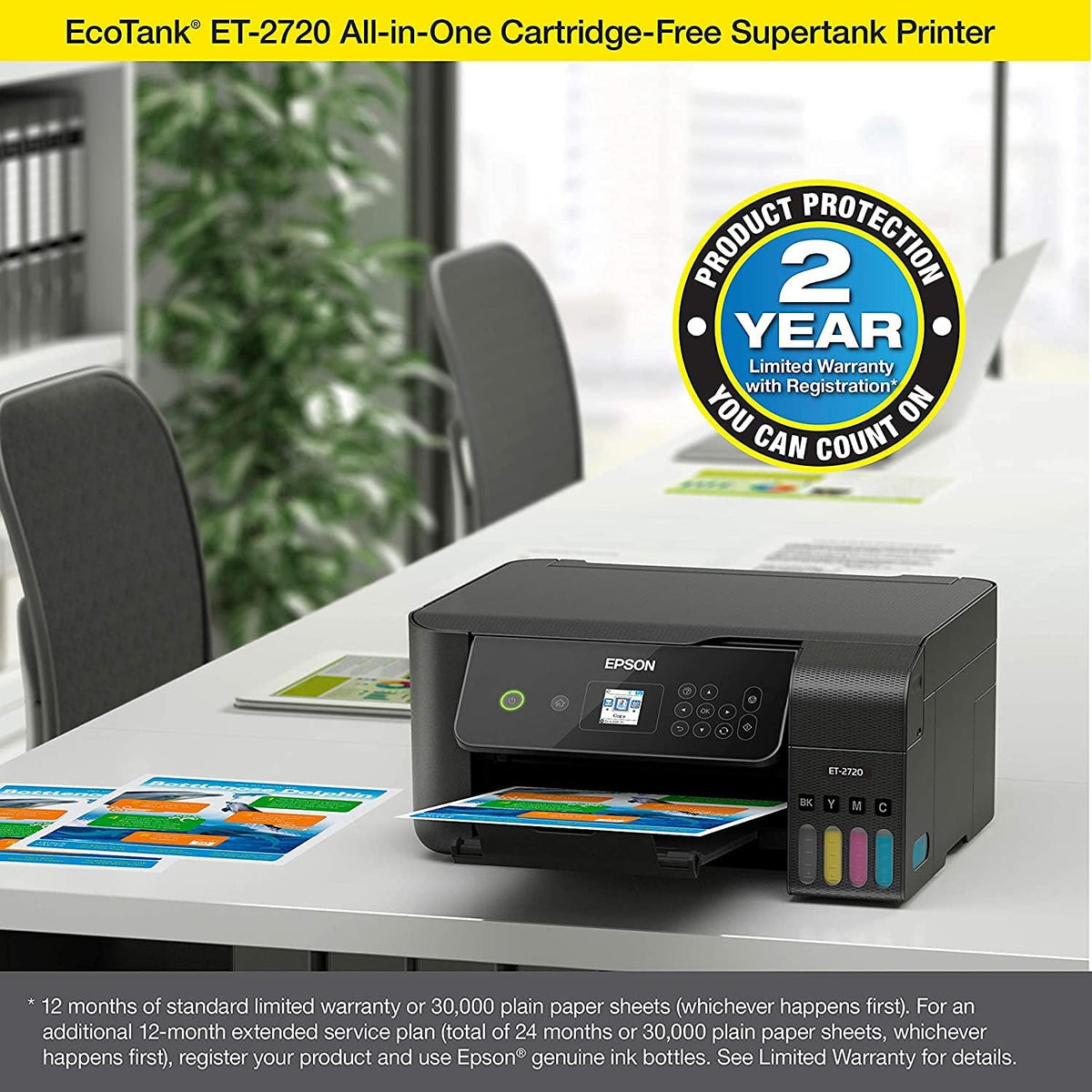 Epson EcoTank All-in-One Wireless Color Inkjet Printer with Scanner and Copier - Print Scan Copy - Black-Bundle with Ahaghug Printer Cable。