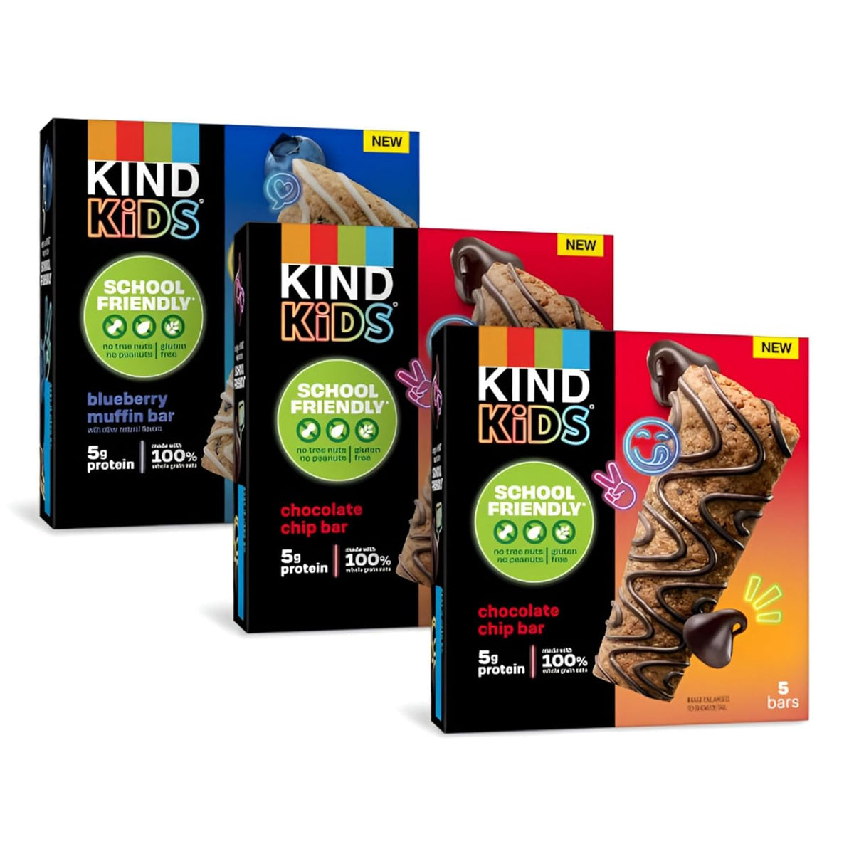 KIND Kids Granola Bars Variety Pack, Gluten Free, Low Sodium, Peanut and Tree Nut Free Snacks, Chocolate Chip, Blueberry Muffin, 5g Protein, 15 Count
