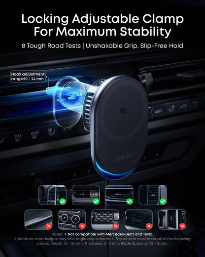 Anker Prime MagSafe Car Mount Charger, Qi2 25W Certified Wireless Car Charger with AirCool, Strong Magnets, Air Vent Mount for iPhone 17-12 Series (Check Vent Compatibility, 60W Adapter Included)