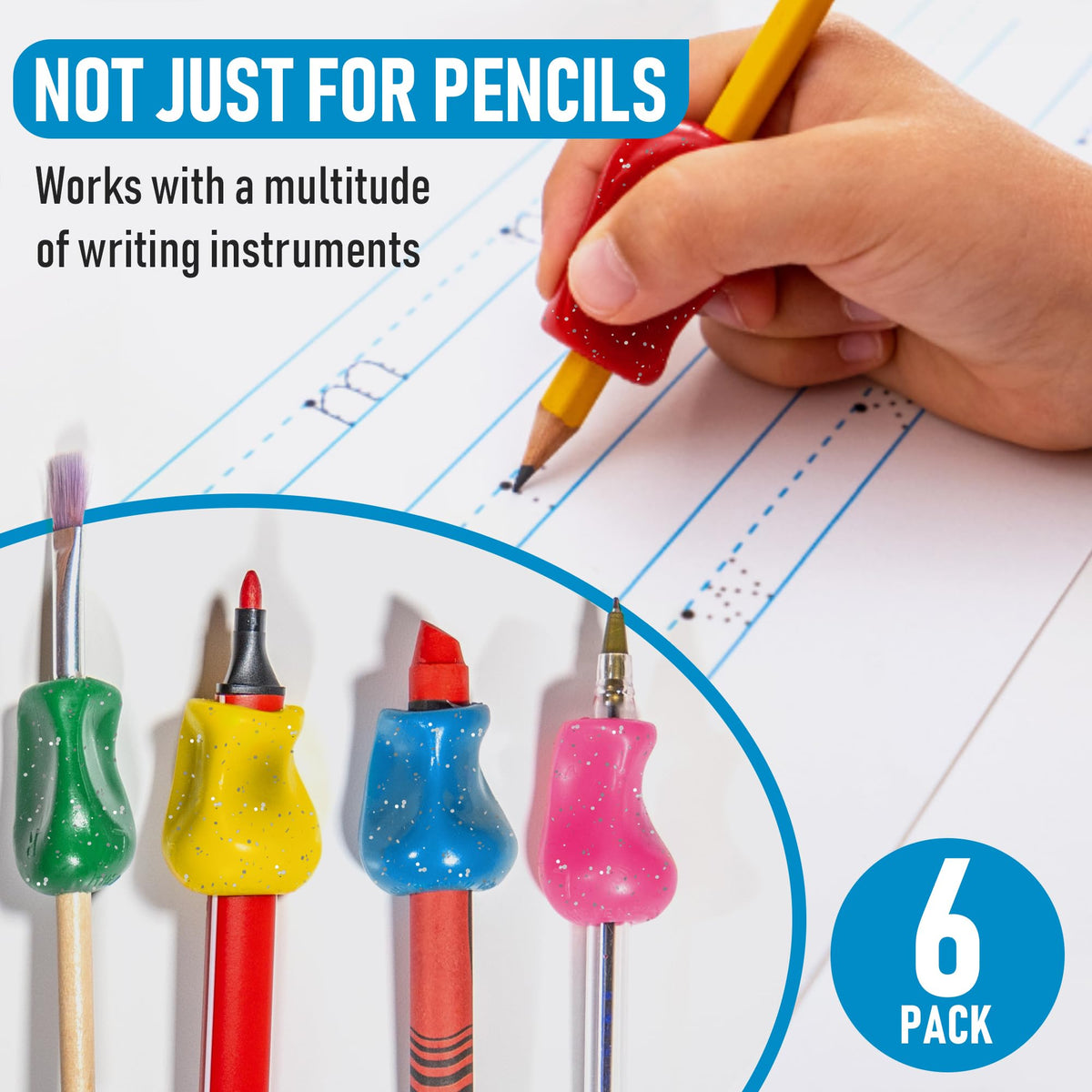 The Pencil Grip Original Pencil Grippers 6 Pcs, Improves Kids Handwriting, Ergonomic Pen Holder for Righties & Lefties, Ideal for Kids, Toddlers, Adults, Writing Tool with Finger Cushion