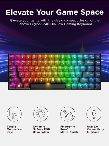 Lenovo GY40T26478 Legion K500 RGB Mechanical Gaming Keyboard, 3 ZONE Full-size Keyboard, 7 user Programmable Hot Keys; 16.8 Million Colors, 50 Million-Click Red Mechanical Keys, Detachable Palm Rest