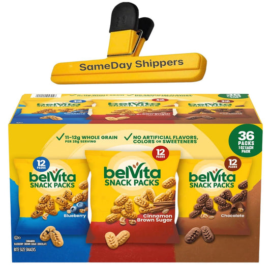 BelVita Breakfast Biscuits Variety Packs | 3 Natural Flavors - 12 Chocolate belVita Snack Packs, 12 Cinnamon Brown Snack Packs, and 12 Blueberry Snack Packs | Sameday Shippers Offers Free SameDay Shippers Branded Bag Clip