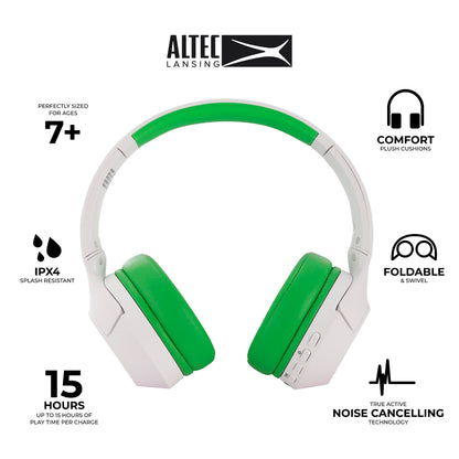 Altec Lansing Kid Safe Noise Cancelling Wireless Headphones 15H Battery, 85dB Volume Limit, Foldable Design Powerful Sound, Active Noise Cancellation Perfect for Kids Ages 7+ (Whiteout Pop Pink)