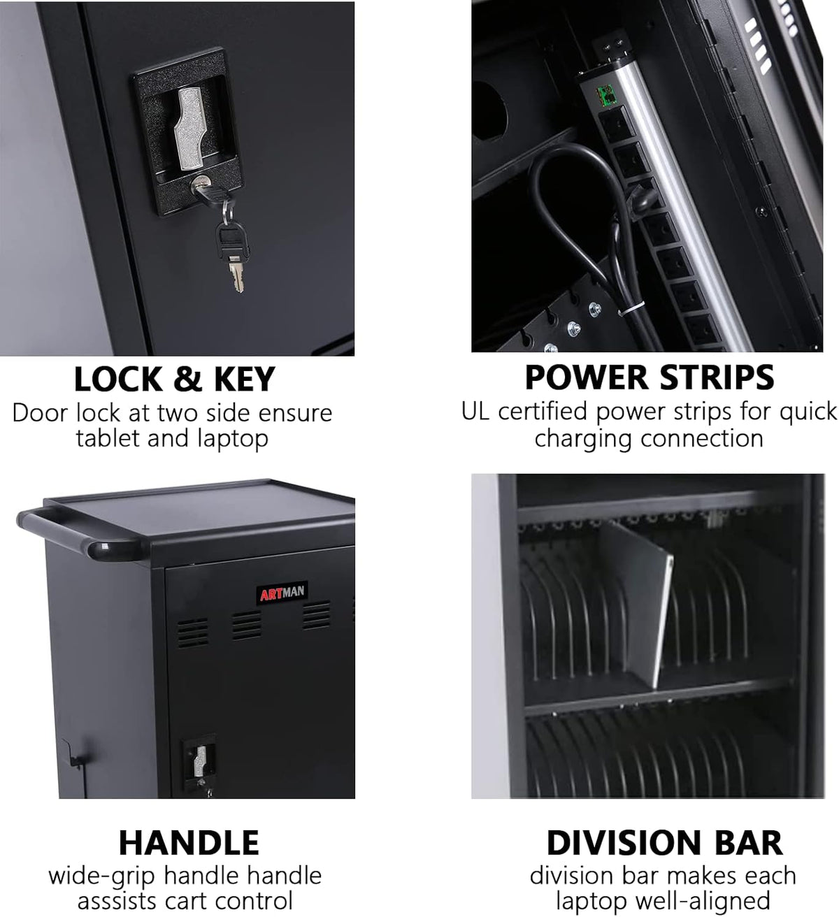 30 Devices Mobile Charging Cart Cabinet, Storage Cart for Chromebook, Tablet, Laptop, Computer Charging Station for Classroom, Up to 16-in Screen Size, Safe Locking (Black)