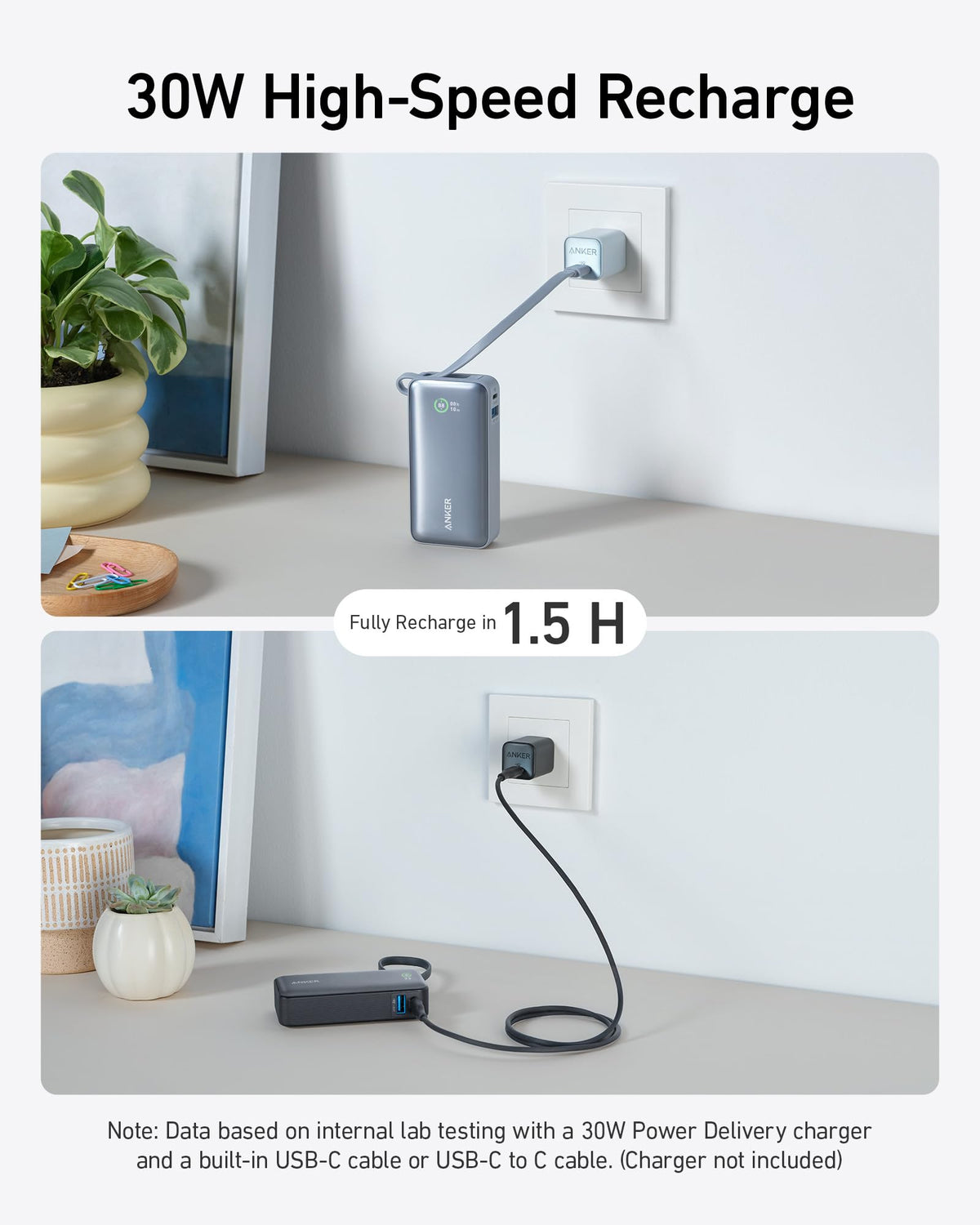 Anker Nano Power Bank, 10,000mAh Portable Charger with Built-in USB-C Cable, 30W Recharging, 30W Max Output with USB-C&A, for iPhone 17/16/15 Series, MacBook, Galaxy, AirPods, and More