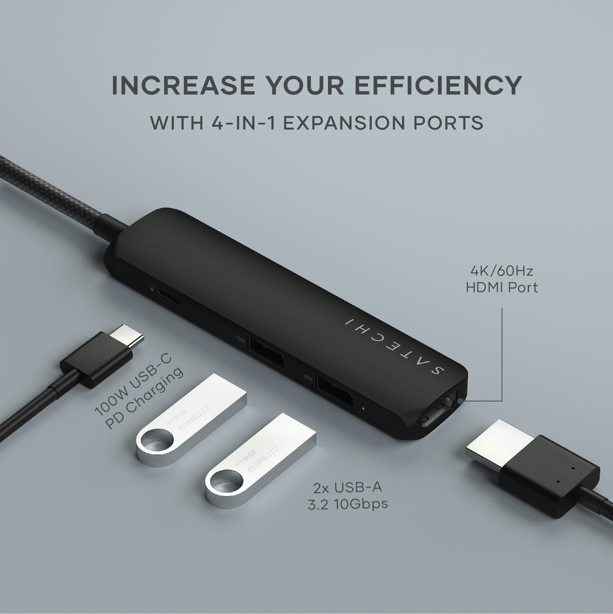 Satechi USB C Hub Multiport Adapter, USB C Docking Station with 4K HDMI, 60W USB C PD Charging, 2 USB-A, for MacBook Pro/Air M1 M2 M3, Dell, HP, Surface, Lenovo - Space Gray