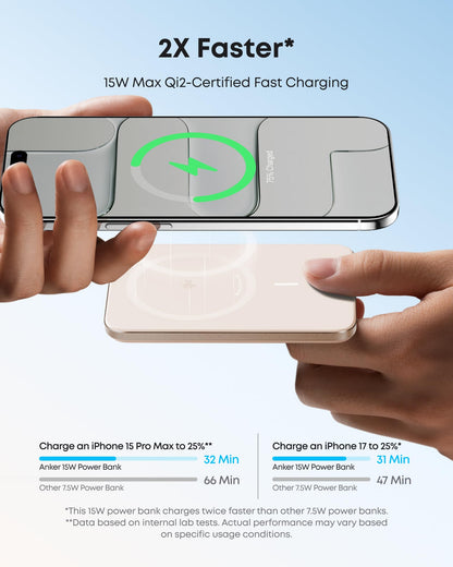 Anker Nano MagSafe Power Bank, Ultra-Slim 5,000mAh Magnetic Wireless Charging Battery, Qi2 Certified 15W Max MagSafe-Compatible Portable Charger, Ergonomic Design, for iPhone Air/17/16 Series