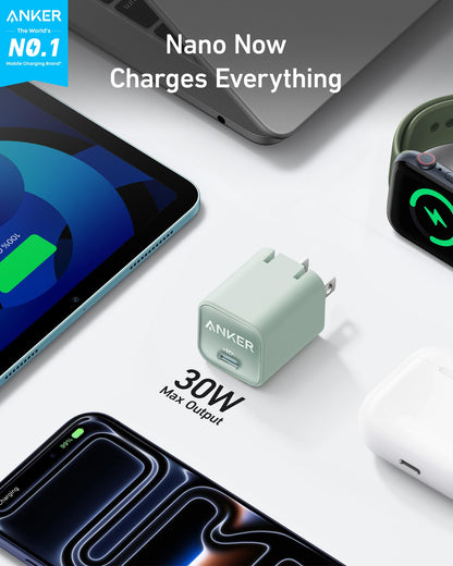 Anker Nano Charger, USB C GaN Charger 30W, PIQ 3.0 Foldable PPS Fast Charger for iPhone 17 / 16 and more series, Galaxy, iPad, Compatible with MagSafe