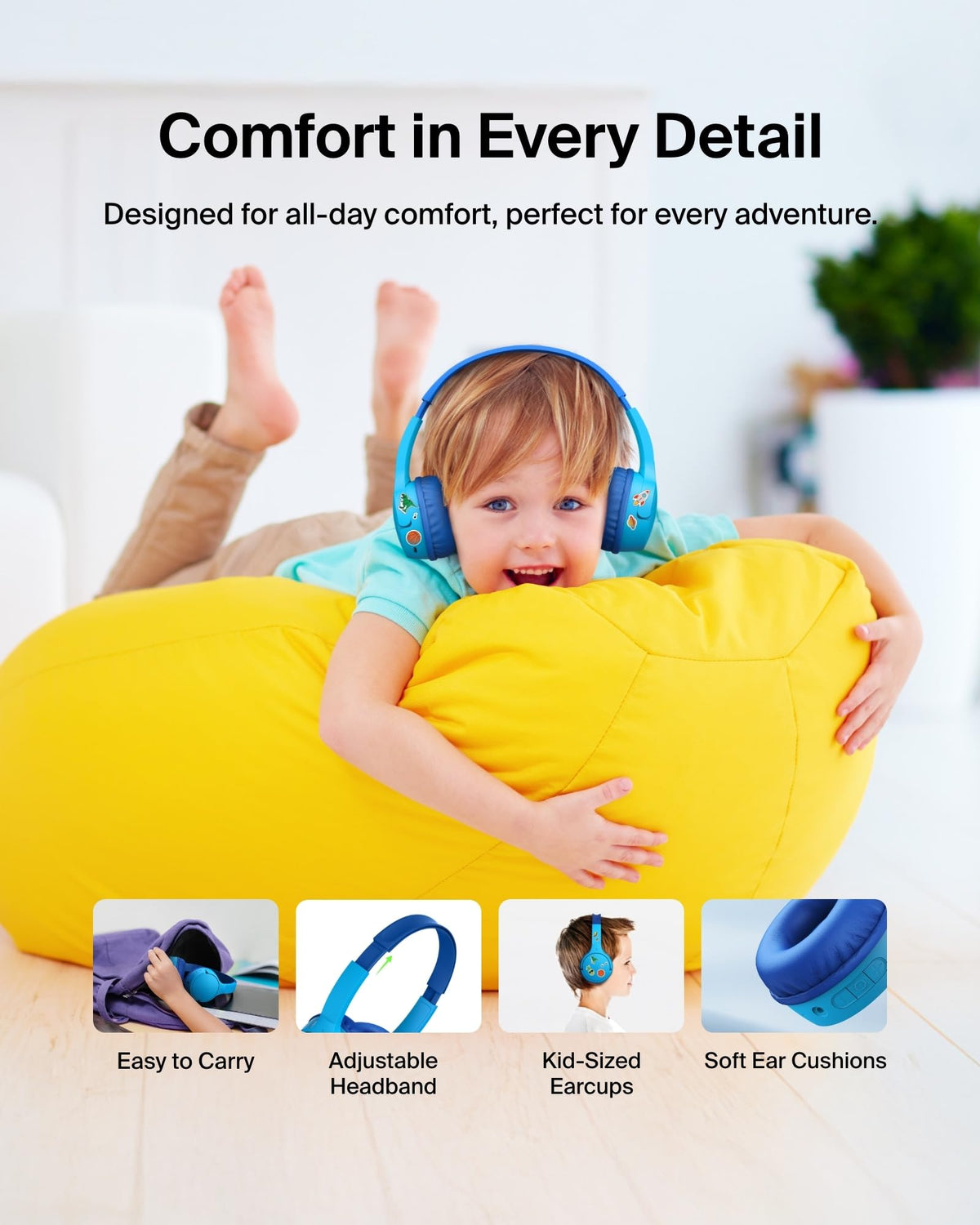 Belkin SoundForm Mini - Wireless Bluetooth Kids Headphones, 30H Battery, 85dB Safe Volume Limit, Built-in Microphone - Toddler On-Ear Earphones for iPhone, iPad - Ideal for School - Blue w/Case