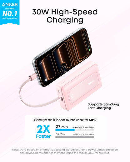Anker Zolo Power Bank (2025 Upgraded Version), 20,000mAh 30W High-Speed Portable Charger with Built-in USB-C Cable, Battery Pack for iPhone 17/16 / 15 Series, Galaxy, and More