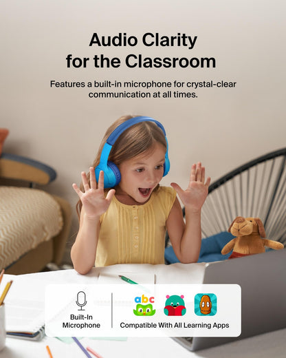 Belkin SoundForm Mini - Wireless Bluetooth Kids Headphones, 30H Battery, 85dB Safe Volume Limit, Built-in Microphone - Toddler On-Ear Earphones for iPhone, iPad - Ideal for School - Blue w/Case