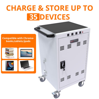35 Device Mobile Charging Cart, Chromebooks and Laptop Computers, Locking Charging Station with Lock & Key for The Front Back Door, Surge Protection