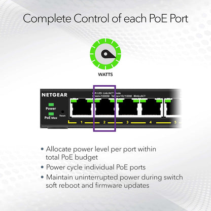 NETGEAR 5 Port PoE Gigabit Ethernet Easy Smart Managed Essentials Switch (GS305EP) - with 4 x PoE+ @ 63W, Desktop or Wall Mount