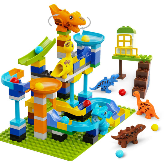 Marble Run Building Blocks for Kids Ages 3+ | 121-Piece Dinosaur STEM Toy with 6 Dinosaurs & 2 Baseplates | Durable Construction Set with Step-by-Step Guide