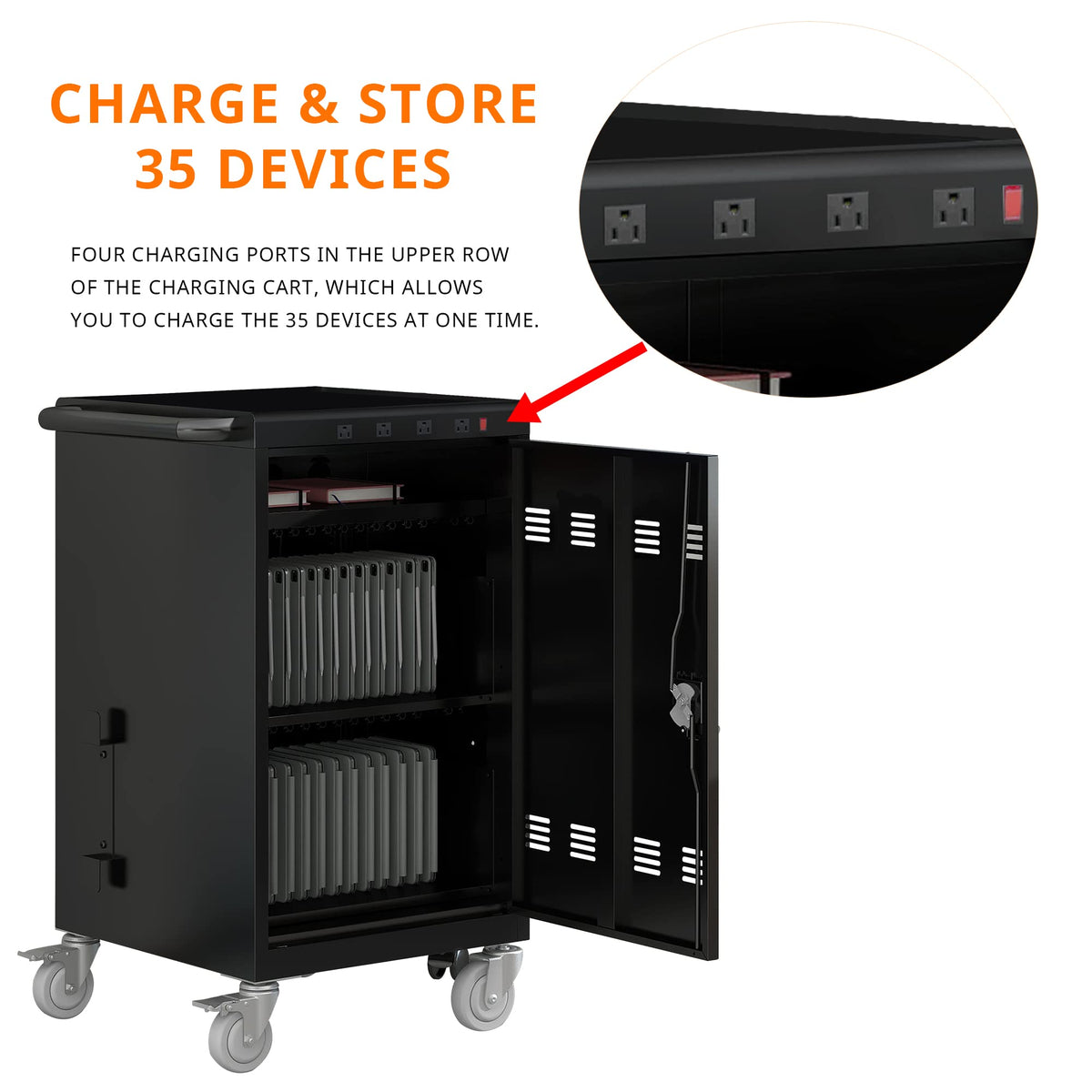 35 Device Mobile Charging Cart, Chromebooks and Laptop Computers, Locking Charging Station with Lock & Key for The Front Back Door, Surge Protection