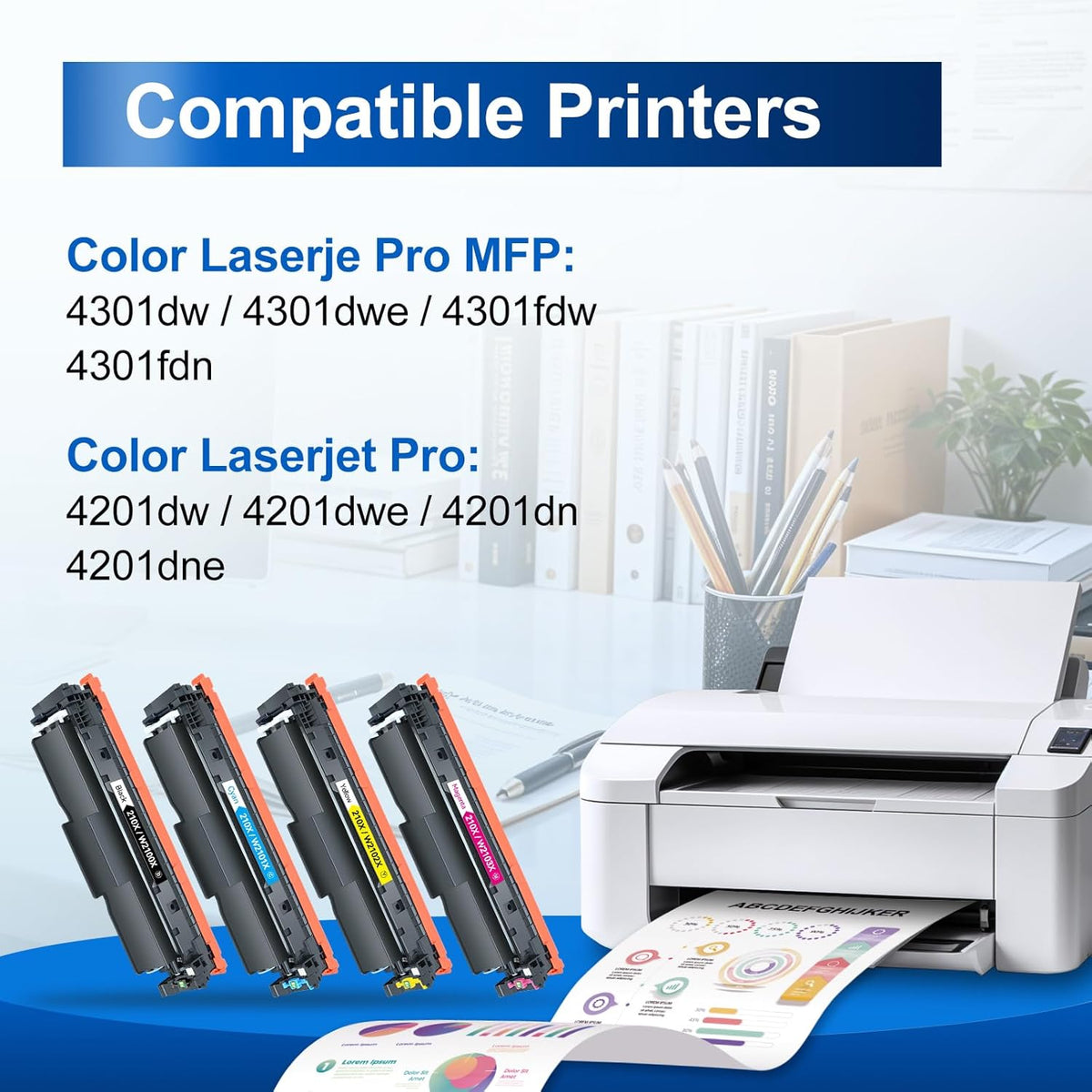 210X Toner Cartridges 4 Pack 4301fdw Compatible Replacement for HP 210X 210A 210 Toner for HP Color LaserJet Pro MFP 4301fdw 4301fdn Pro 4201dw 4201dn Printer Ink W2100X W2100A (B/C/M/Y, with Chip)