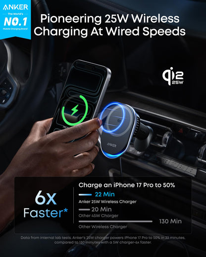 Anker Prime MagSafe Car Mount Charger, Qi2 25W Certified Wireless Car Charger with AirCool, Strong Magnets, Air Vent Mount for iPhone 17-12 Series (Check Vent Compatibility, 60W Adapter Included)