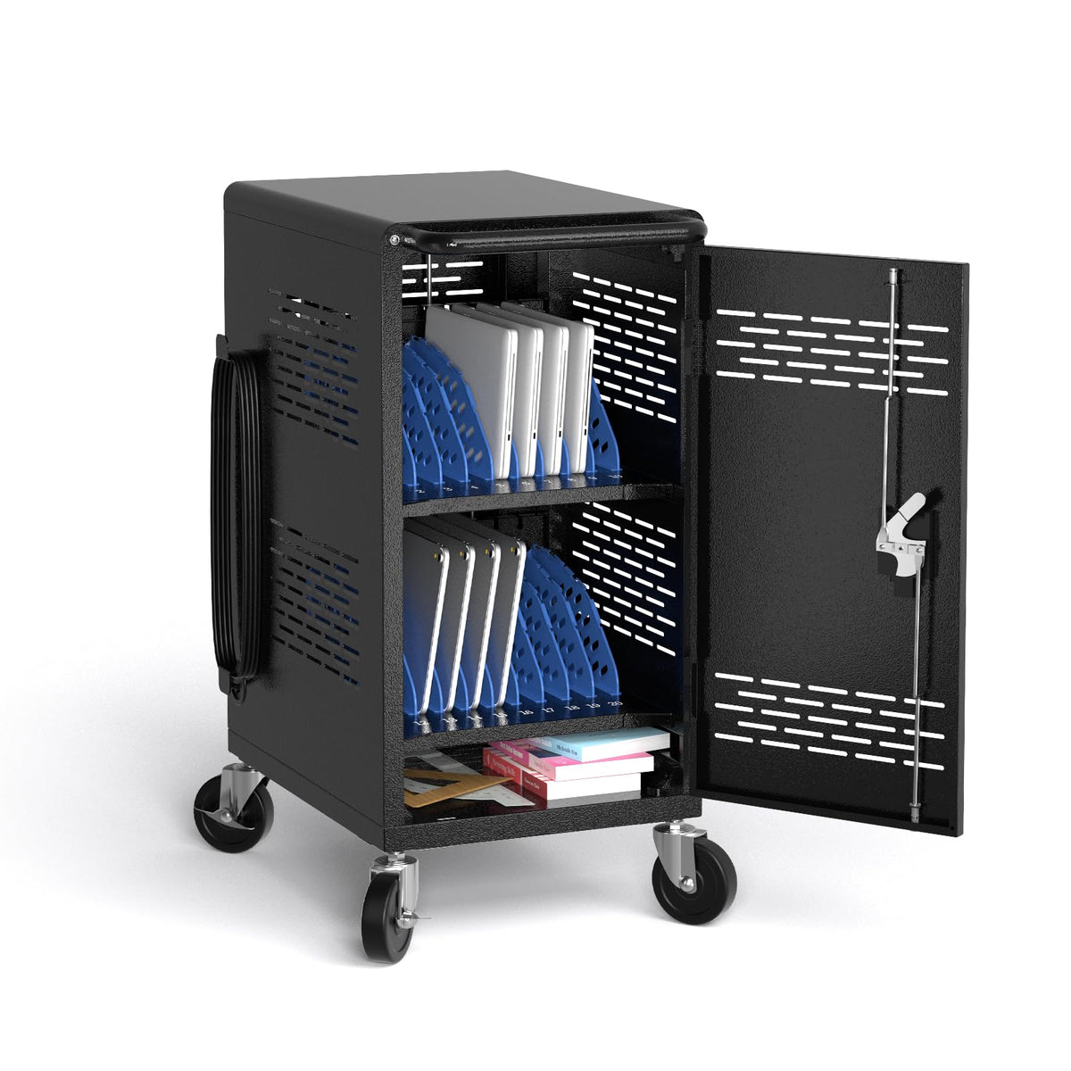 Fully Assembled 20 Devices Laptop Charging Cart - Tablet Storage Cart for Chromebook iPad, Mobile Laptop Charging Station for Classroom Office - Includes Cable Management & Detachable Door, Black