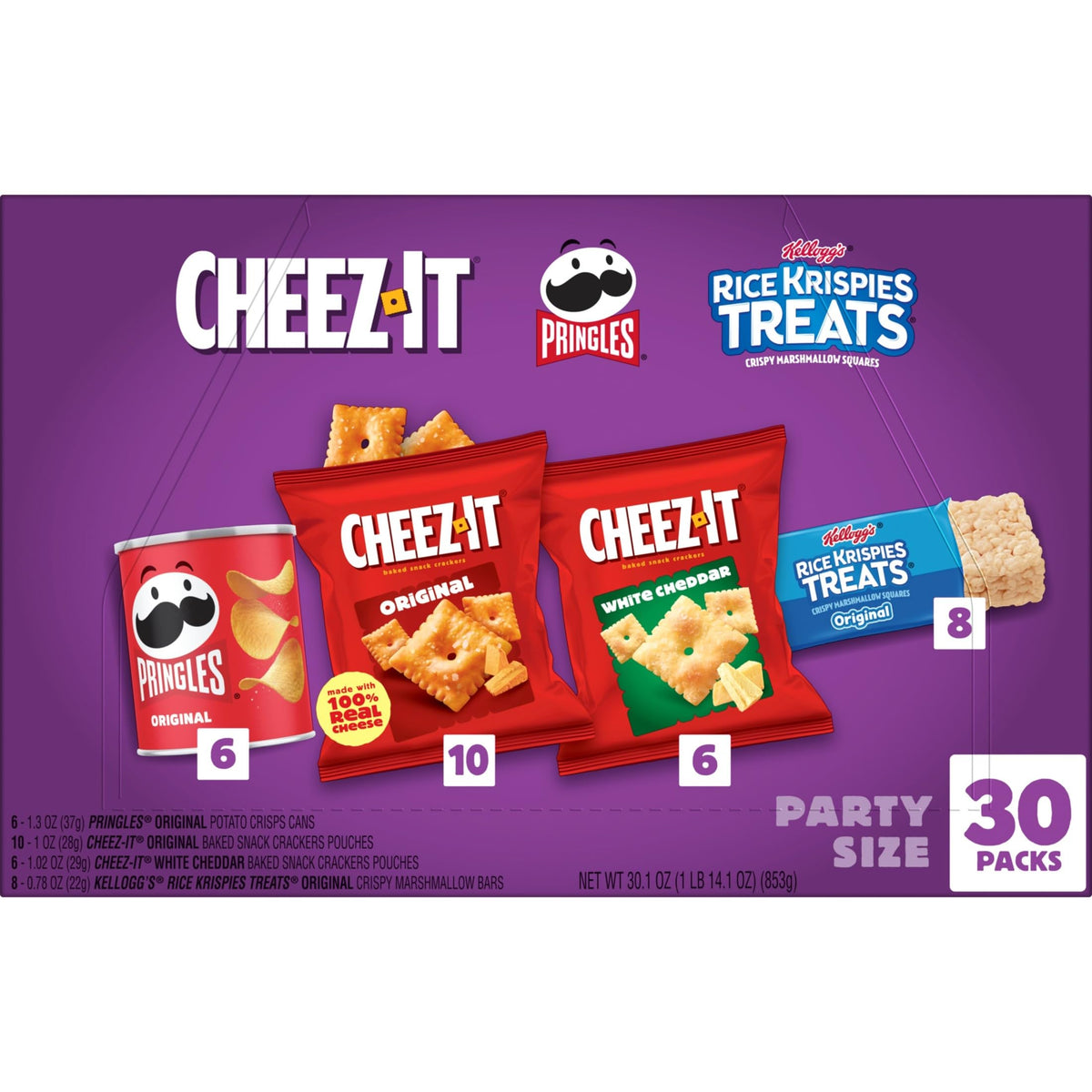 Kellogg's Cheez-It, Pringles & Rice Krispies Treats Snacks Mega Variety Pack, 30.1oz Box (30 Count)