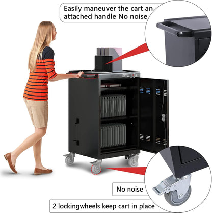 30 Devices Mobile Charging Cart Cabinet, Storage Cart for Chromebook, Tablet, Laptop, Computer Charging Station for Classroom, Up to 16-in Screen Size, Safe Locking (Black)