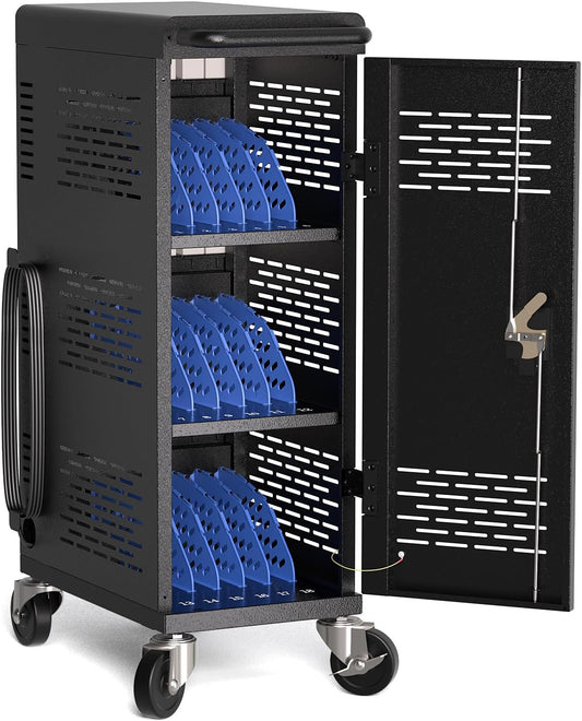 Fully Assembled 18-Device Charging Cart for Chromebook - Locking Laptop Cabinet with Cable Management, Cord Organization, Power Strip - Locks and Stores Tablets up to 14'' and 1.4'' Thick (Black)