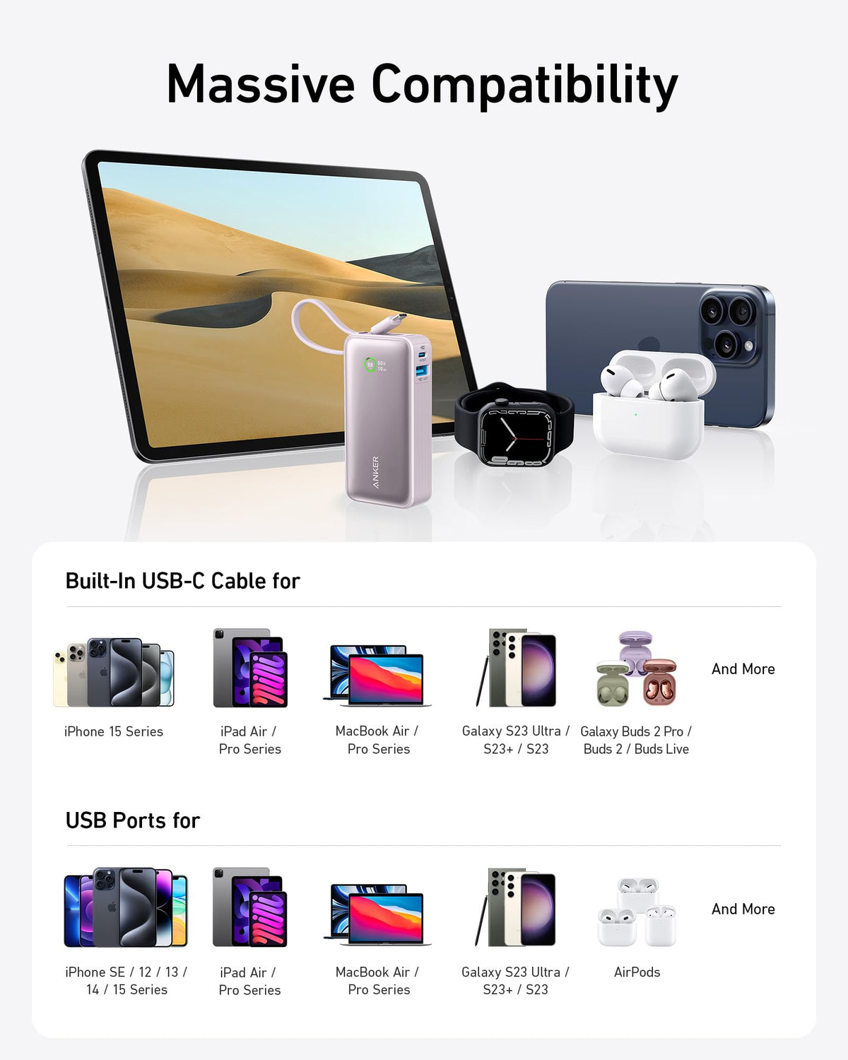 Anker Nano Power Bank, 10,000mAh Portable Charger with Built-in USB-C Cable, 30W Recharging, 30W Max Output with USB-C&A, for iPhone 17/16/15 Series, MacBook, Galaxy, AirPods, and More