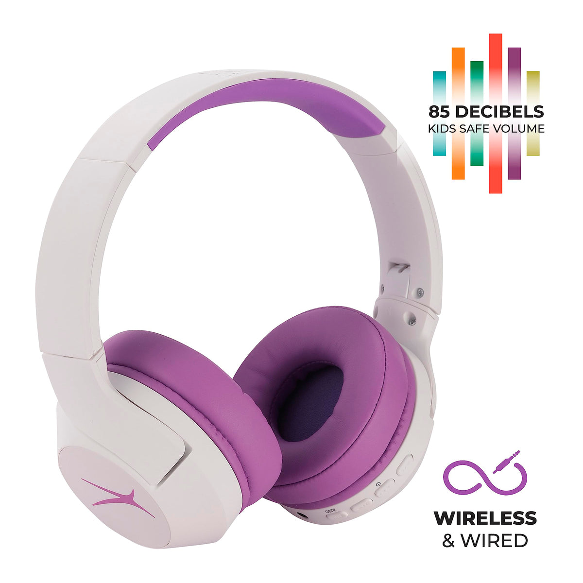 Altec Lansing Kid Safe Noise Cancelling Wireless Headphones 15H Battery, 85dB Volume Limit, Foldable Design Powerful Sound, Active Noise Cancellation Perfect for Kids Ages 7+ (Whiteout Pop Pink)
