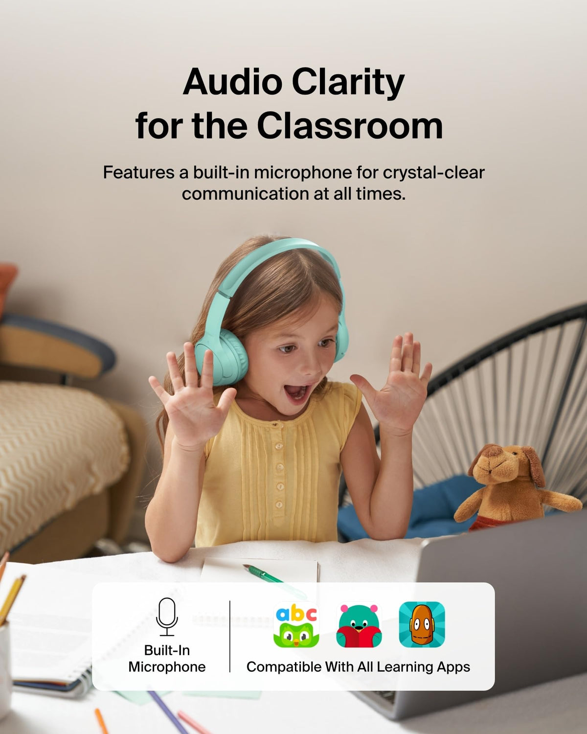 Belkin SoundForm Mini - Wireless Bluetooth Kids Headphones, 30H Battery, 85dB Safe Volume Limit, Built-in Microphone - Toddler On-Ear Earphones for iPhone, iPad - Ideal for School - Blue w/Case