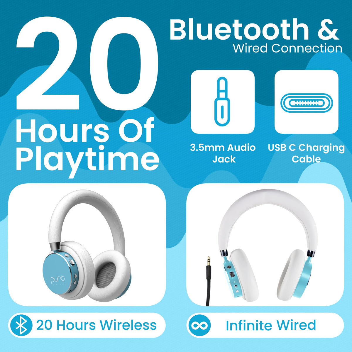 Puro Sound Labs Kids Wireless Headphones – Volume-Limiting 85dB, Built-in Mic, Studio-Grade Sound, 20-Hour Battery Life, Comfortable & Easy to Connect Kids Bluetooth Headphones – BT2200 Plus, Purple