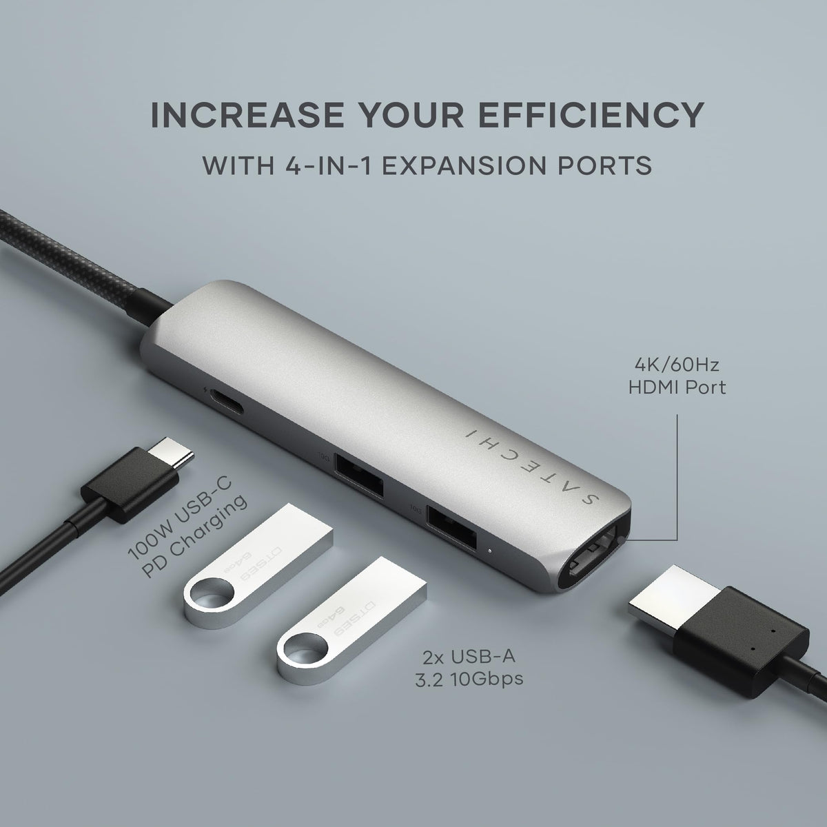 Satechi USB C Hub Multiport Adapter, USB C Docking Station with 4K HDMI, 60W USB C PD Charging, 2 USB-A, for MacBook Pro/Air M1 M2 M3, Dell, HP, Surface, Lenovo - Space Gray