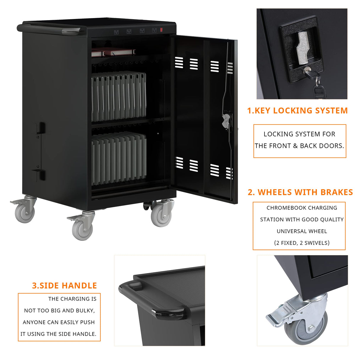 35 Device Mobile Charging Cart, Chromebooks and Laptop Computers, Locking Charging Station with Lock & Key for The Front Back Door, Surge Protection
