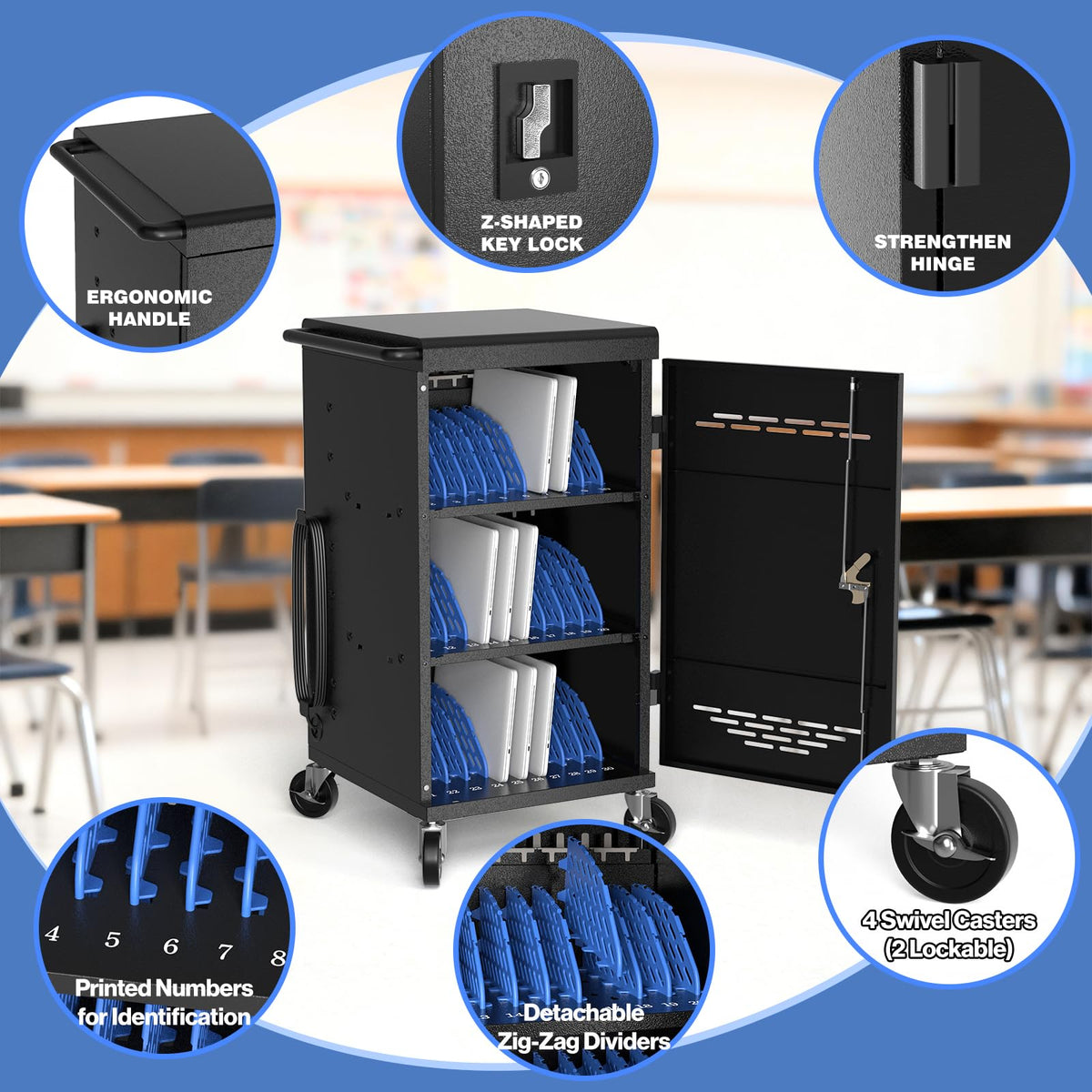POCHAR 30 Devices Open Laptop Charging Cart for iPads, Tablets - Laptop & Tablet Storage Carts for Classroom, Office - Chromebook Charging Station Cart with Cable Management & Surge Protection