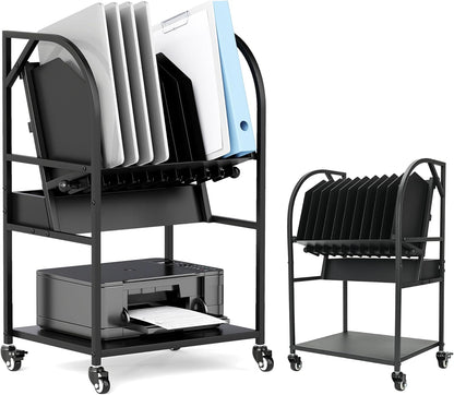 2 Tier Open Laptop Charging Cart with Wheels, 10 Device Mobile Charging Station for chromebook, iPads and Tablet, Laptop Charging Storage Rack for Office and Classroom