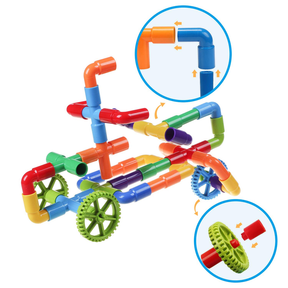 burgkidz STEM Learning Pipe Tube Construction Building Blocks, Sensory Toys with Wheels Baseplate for All Ages Kids Boys Girls, 188 Pcs